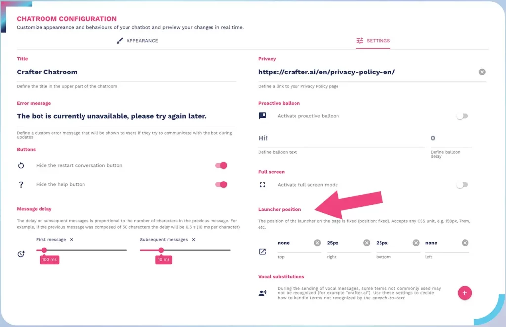 Personalizzazione della posizione del launcher del chatbot Crafter.ai