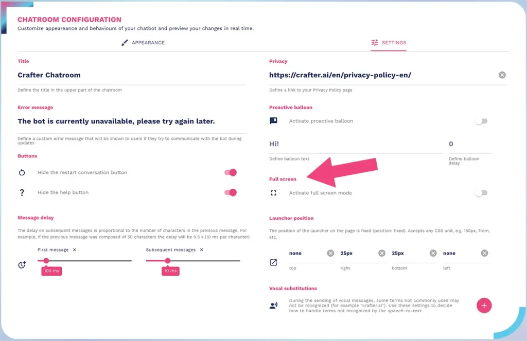 Attivazione visualizzazione full screen del chatbot Crafter.ai