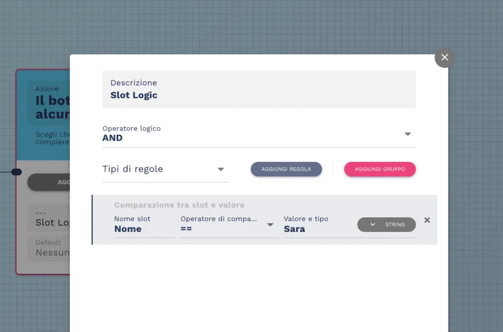 Logica degli slot nel Flow Designer della piattaforma chatbot Crafter.ai