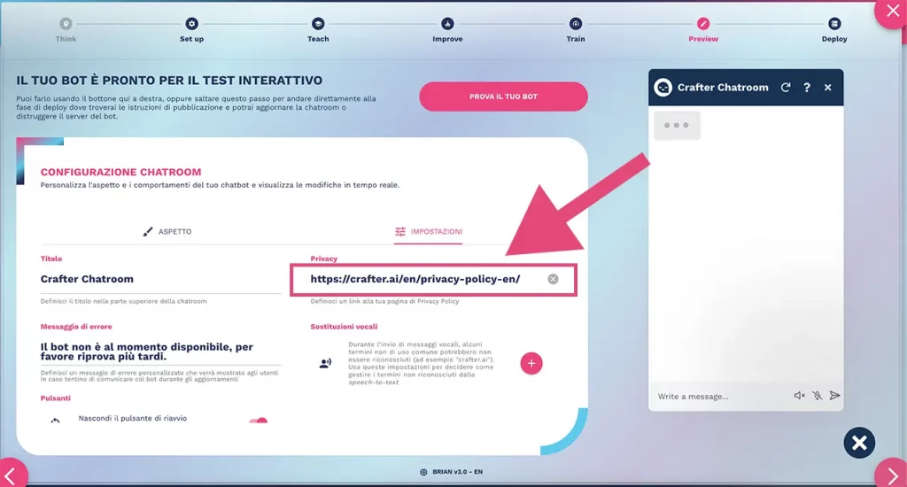 Configurazione del link alla privacy policy nella knowledge base del chatbot Crafter.ai