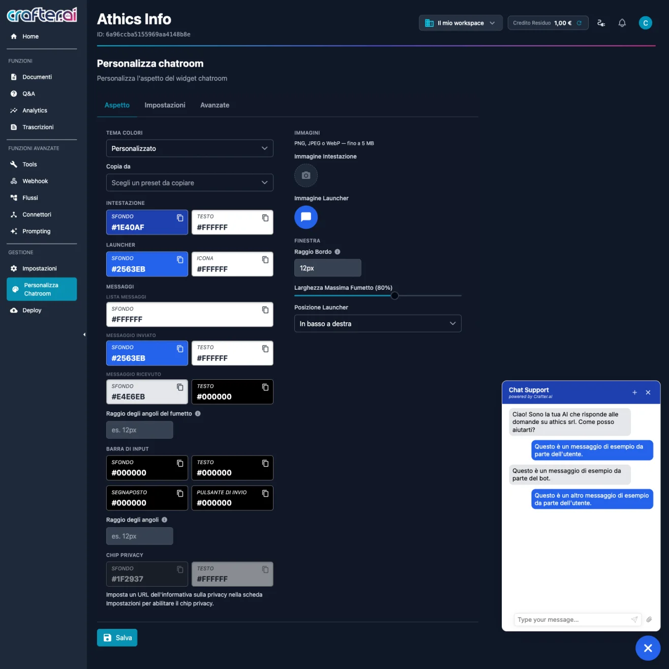 Crafter.ai chatbot widget customization with live preview of colours and texts