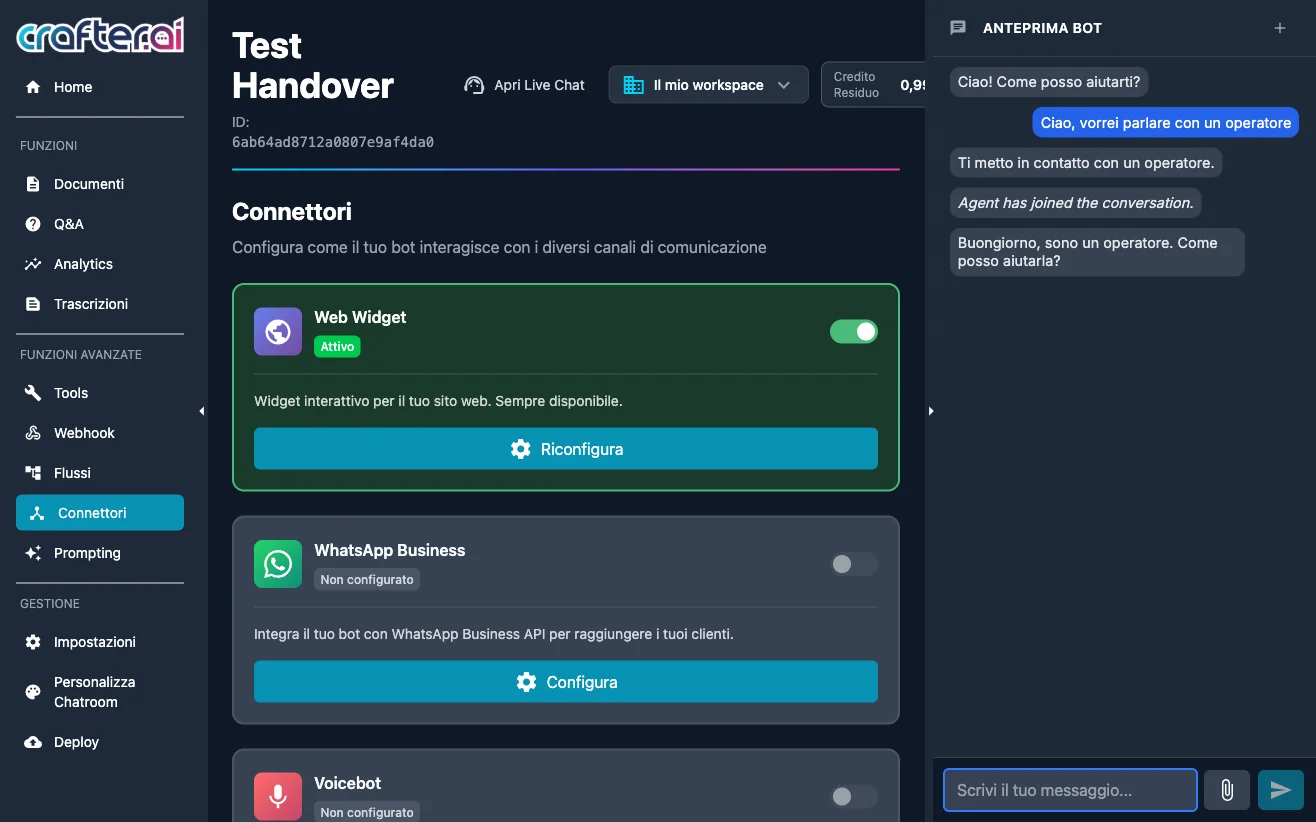 Crafter.ai chatbot Live Chat: the bot hands the conversation over to a human agent