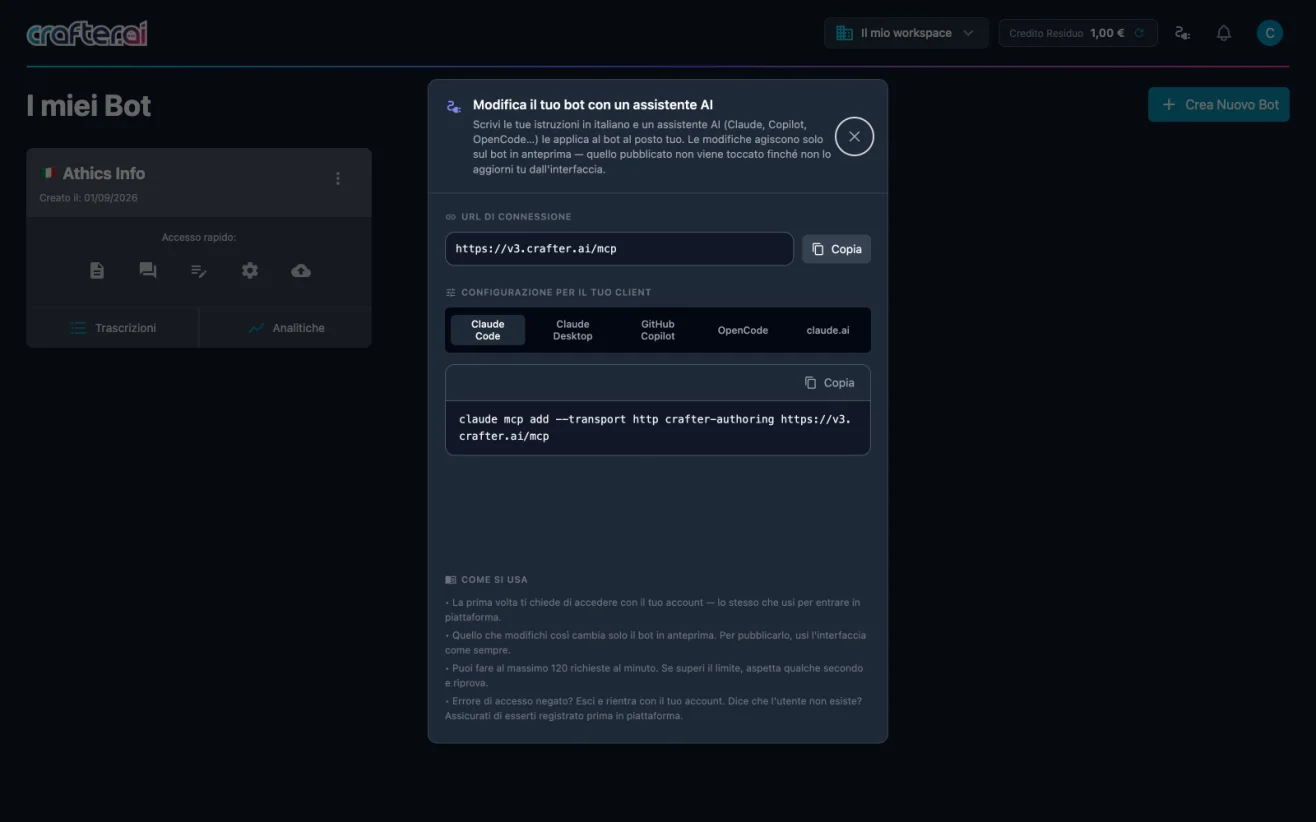 Connection dialog linking an AI assistant to the Crafter.ai authoring MCP server
