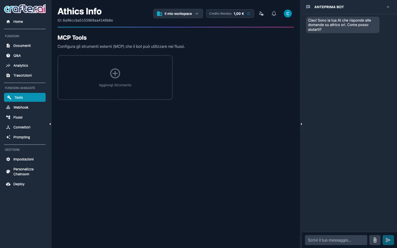 MCP Tools section to connect external tools to the chatbot in the Crafter.ai platform