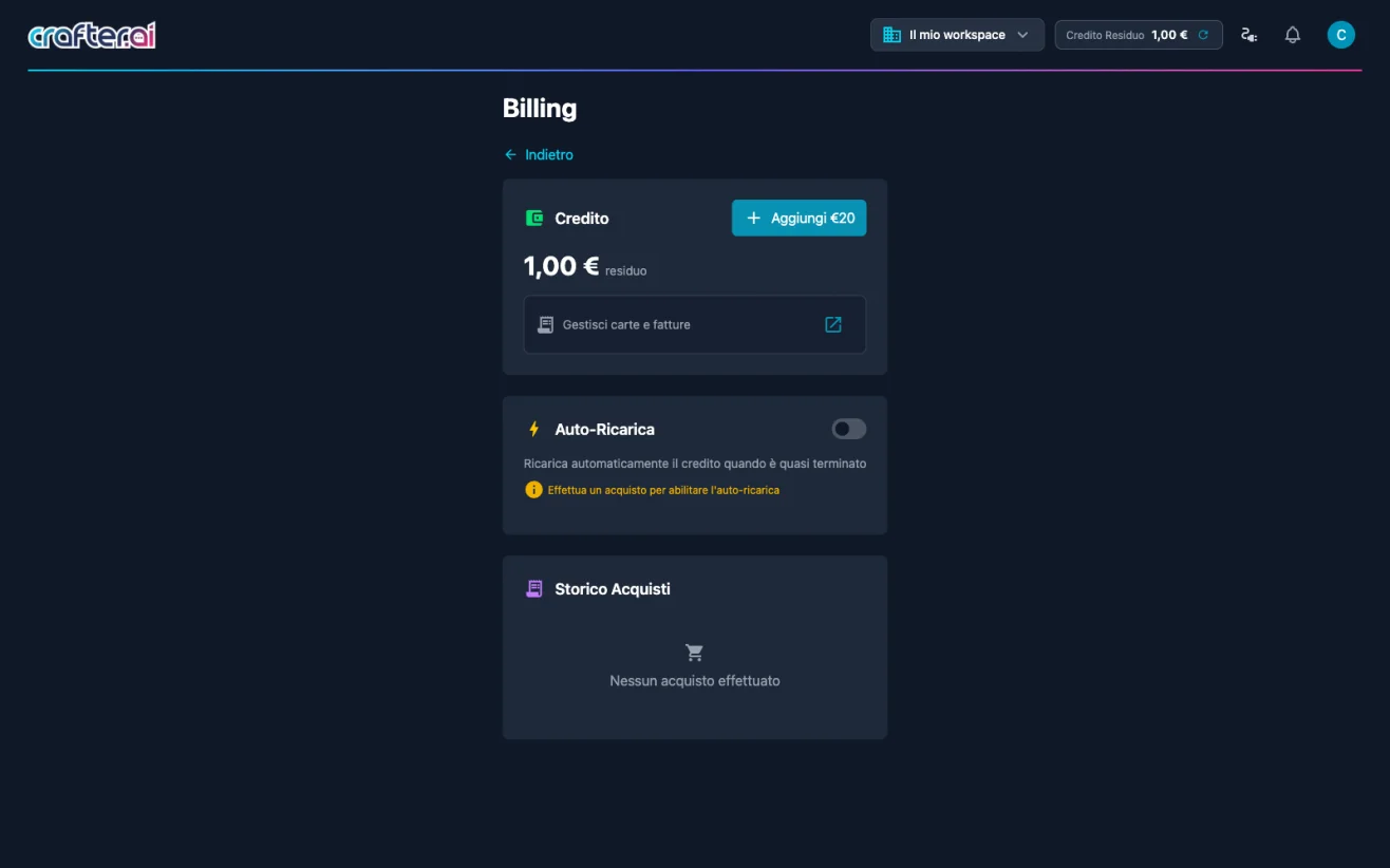 Billing page with pay-as-you-go credit and token monitoring in the Crafter.ai platform