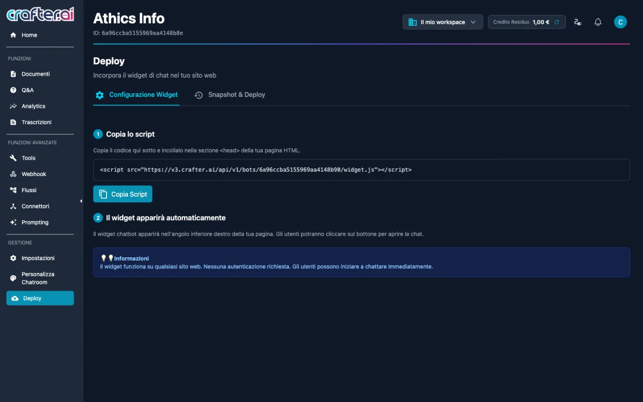 Deploy section with snapshots and production publishing of the Crafter.ai chatbot