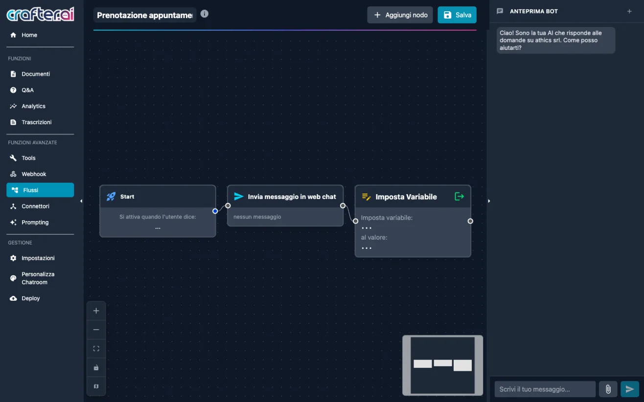 Visual Flow Editor canvas to build the conversational flows of the Crafter.ai chatbot