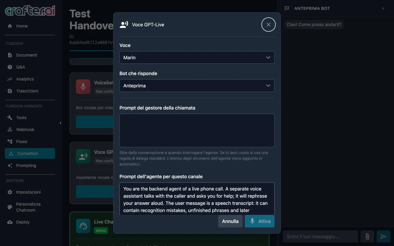 GPT-Live Voice setup, the phone voicebot with OpenAI's voice model in Crafter.ai