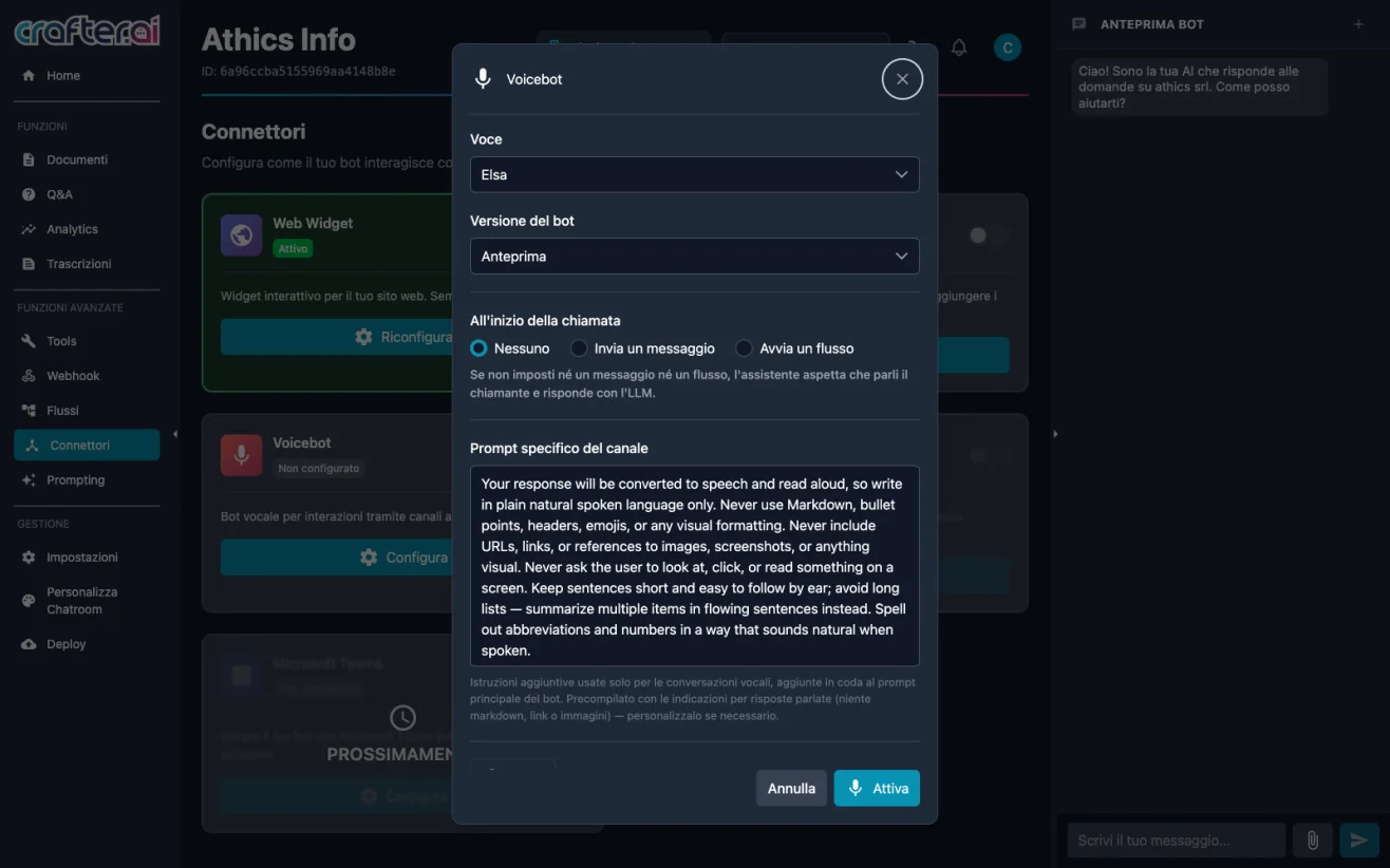 Voicebot channel configuration to let the Crafter.ai AI agent answer the phone