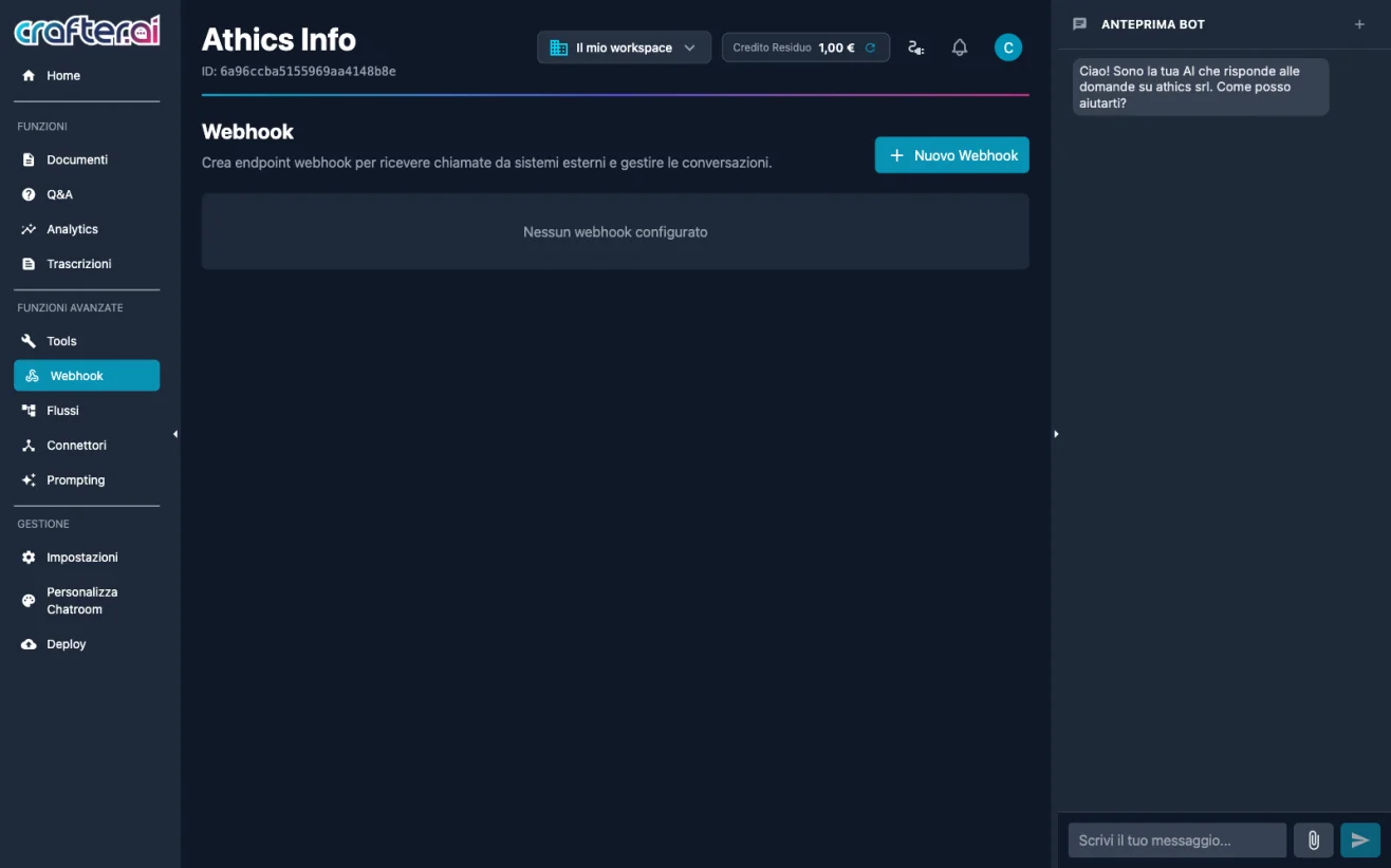 Webhook section with visual node editor in the Crafter.ai chatbot platform