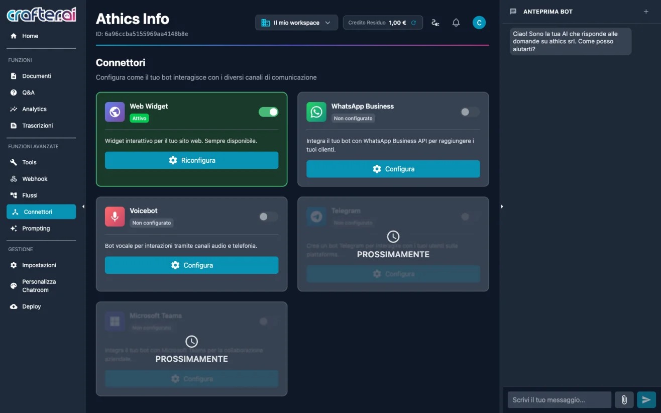 Connectors section with the WhatsApp Business channel of the Crafter.ai chatbot