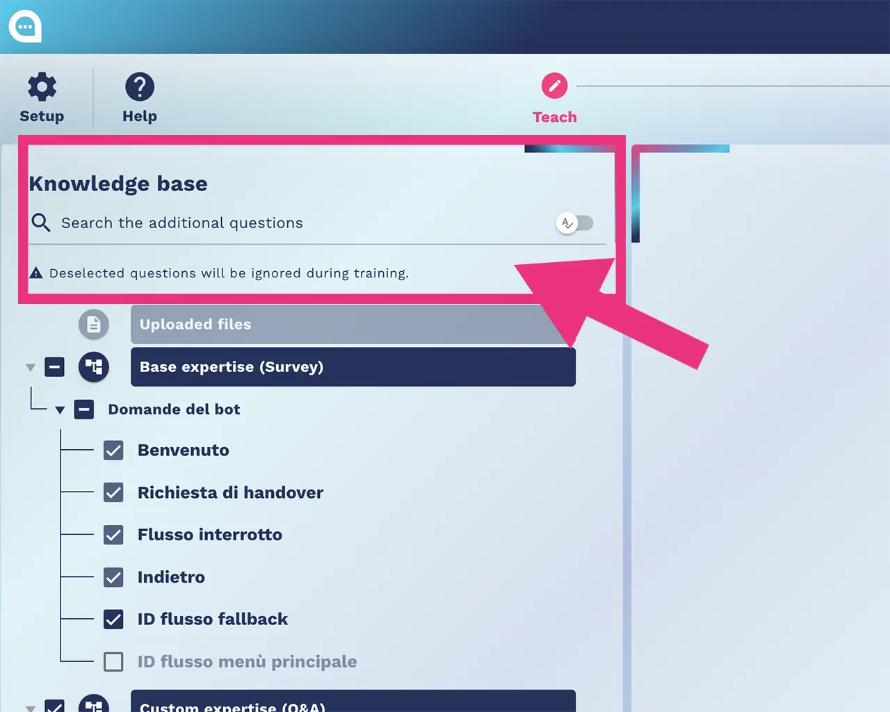 Ricerca approfondita nella knowledge base del chatbot e nei flussi conversazionali