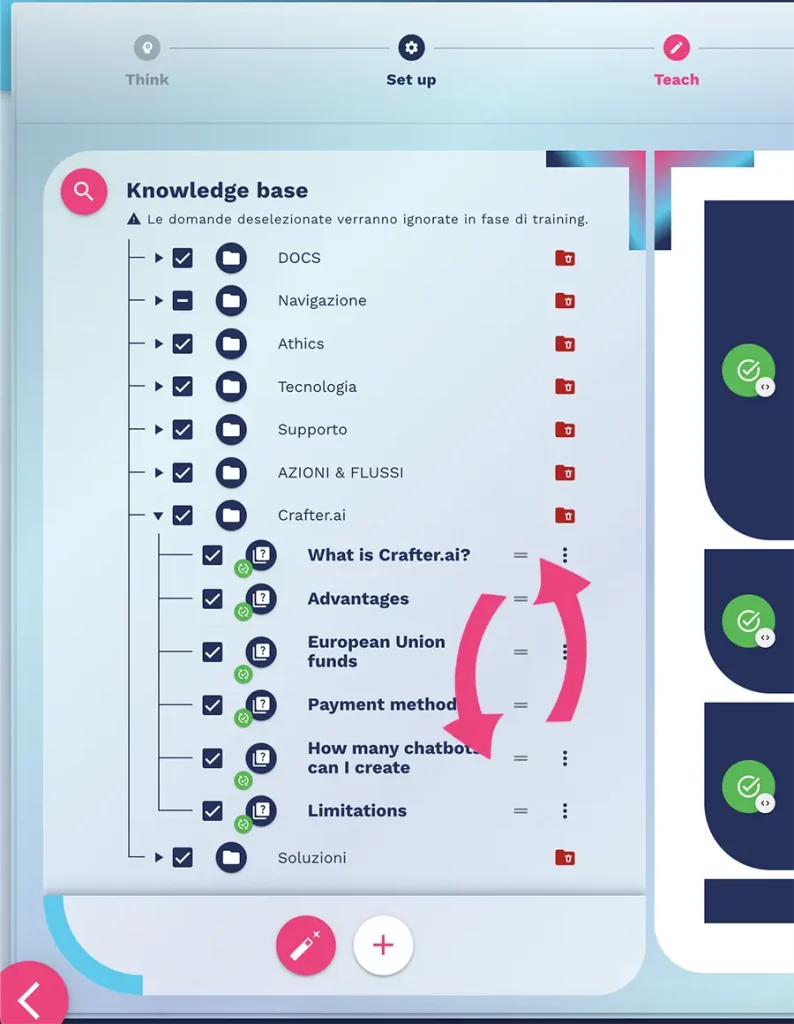 Funzione drag and drop per riordinare la knowledge base del chatbot Crafter.ai
