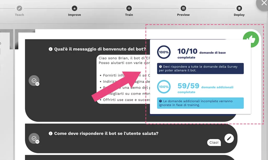 Indicatori di completamento del processo della knowledge base del chatbot