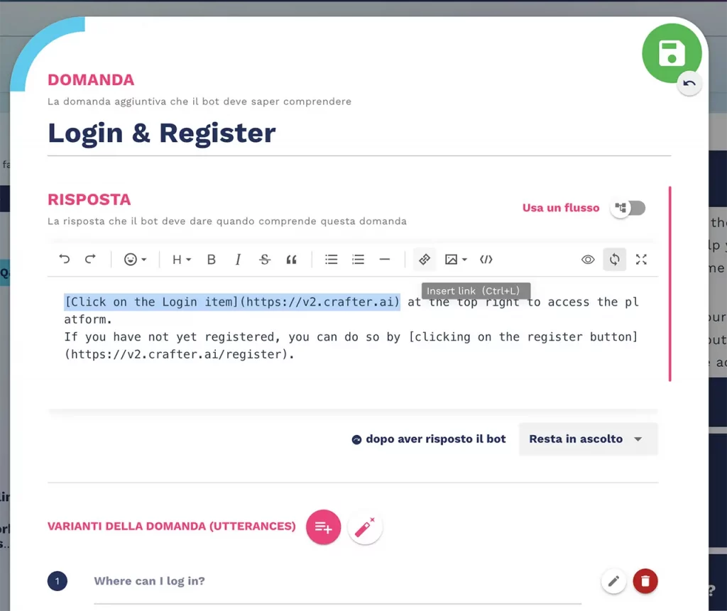 Gestione di immagini e link nelle risposte LLM del chatbot Crafter.ai