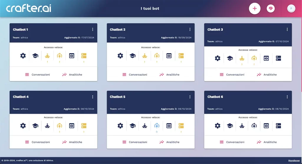 Nuova home page della piattaforma chatbot Crafter.ai con card dei bot