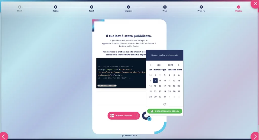 Funzione di deploy programmato del chatbot nella piattaforma Crafter.ai