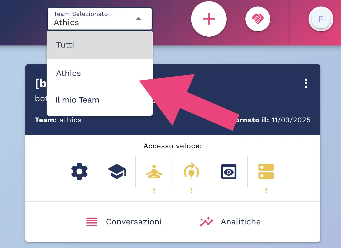 Selettore del team nella piattaforma chatbot Crafter.ai