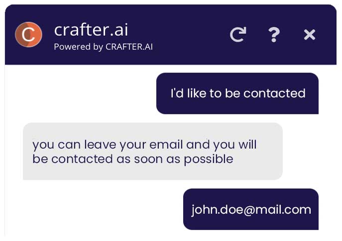 Image of how crafter.ai chatbots collect leads with user interactions Image of how crafter.ai chatbots collect leads with user interactions