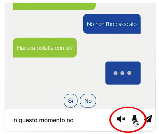 Dettaglio sulla componente audio dei chatbot generati con crafter, si può notare la possibilità di parlare al bot con il microfono e sentire la voce del bot che risponde all'utente
