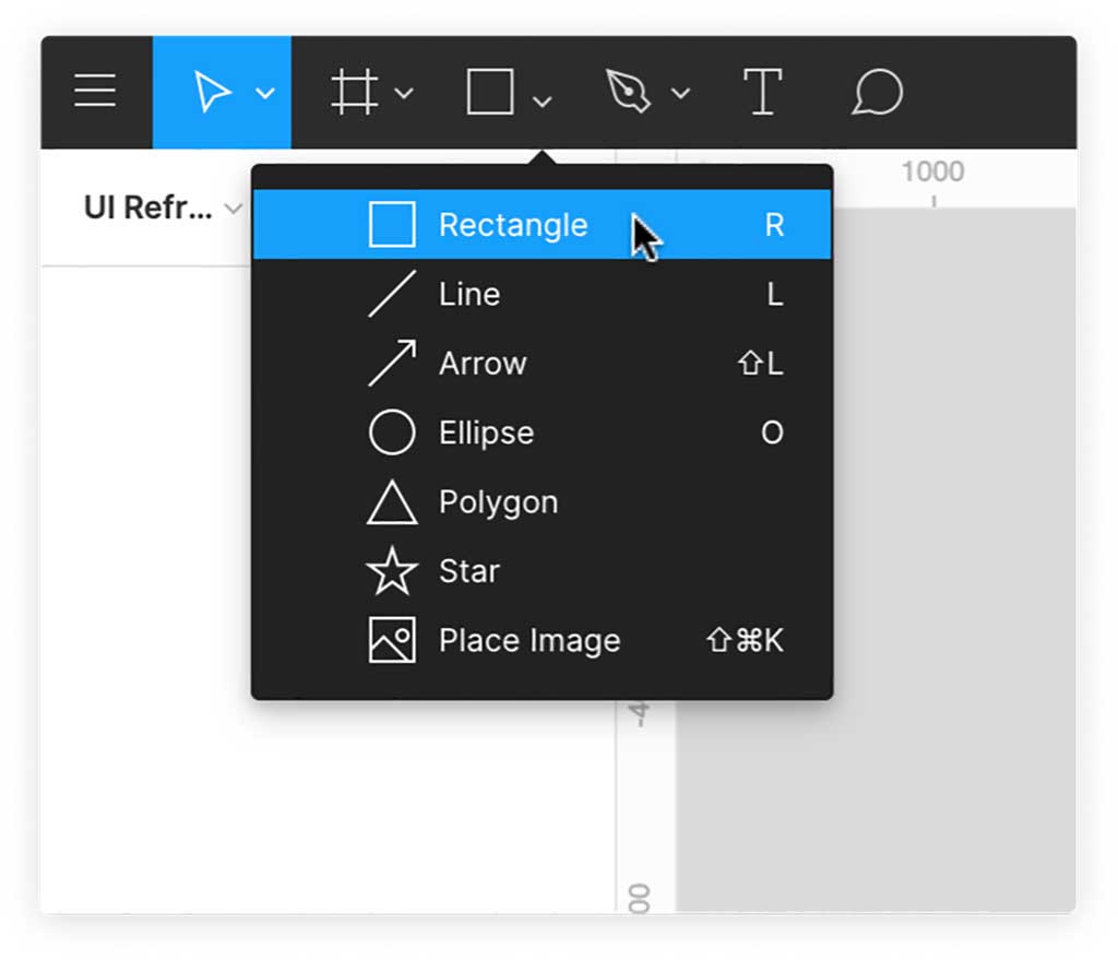 A part of the Figma menu for creating shapes and buttons for prototypes