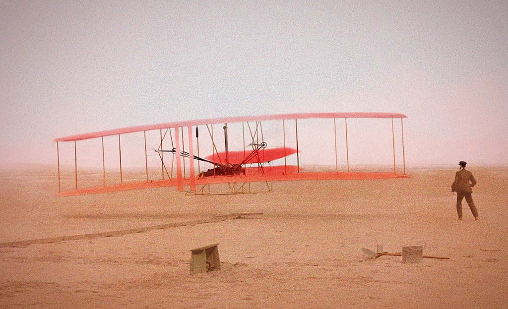 Foto a colori del primo volo dei fratelli wright e come l'intelligenza artificiale avrebbe potuto aiutare i preparativi