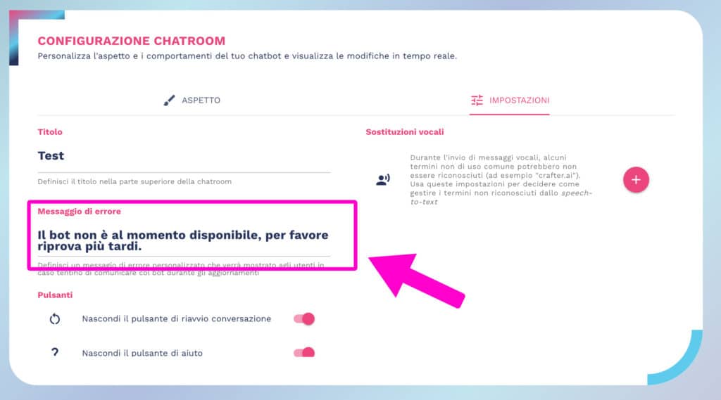 Impostare messaggio di errore della chatroom del bot