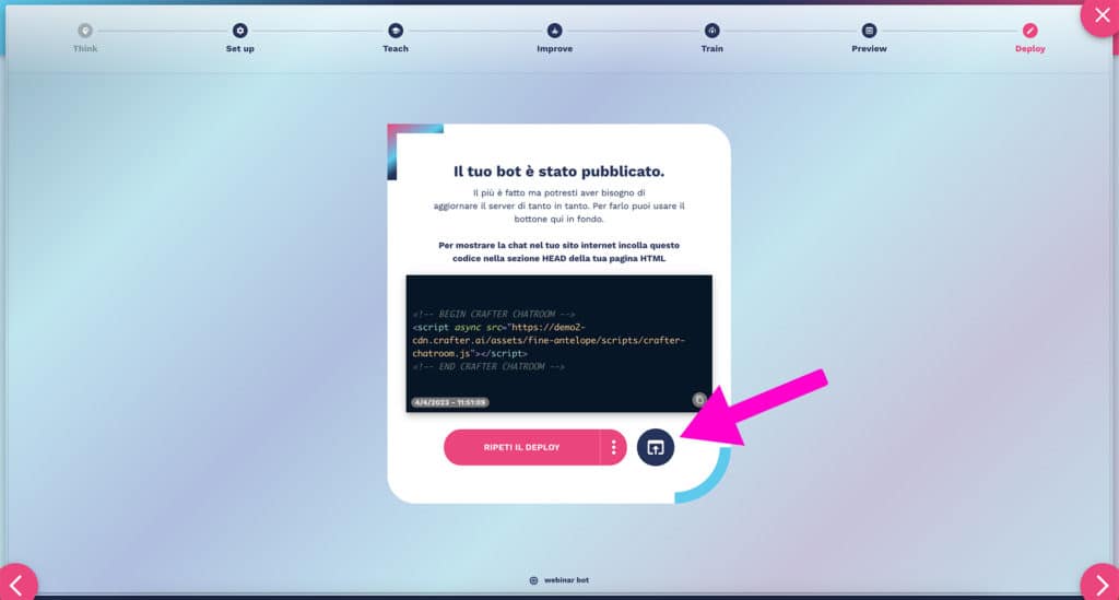 accesso area test in produzione del chatbot