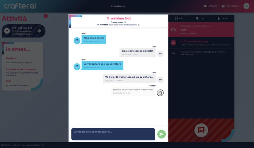 visible user data during a chatbot handover