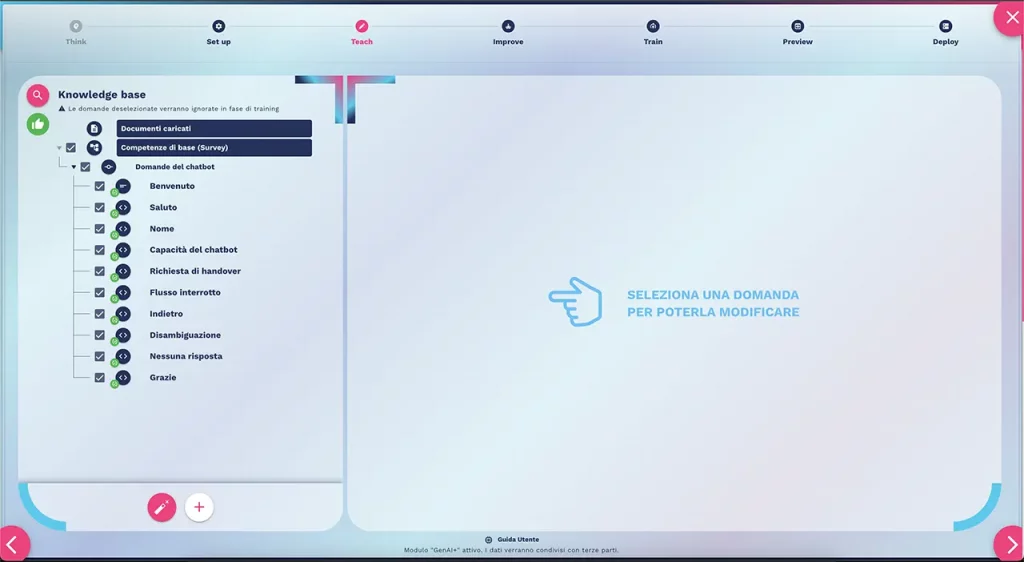 area della piattaforma per caricare la knowledge base chatbot
