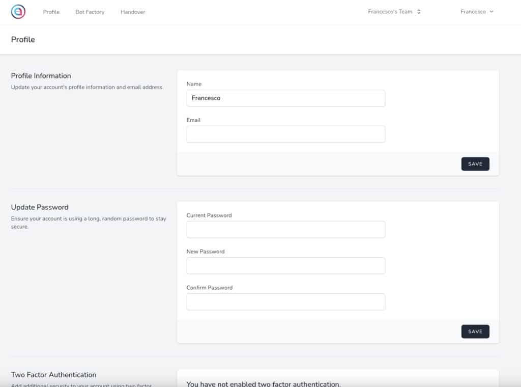 area profilo utente piattaforma chatbot crafterai
