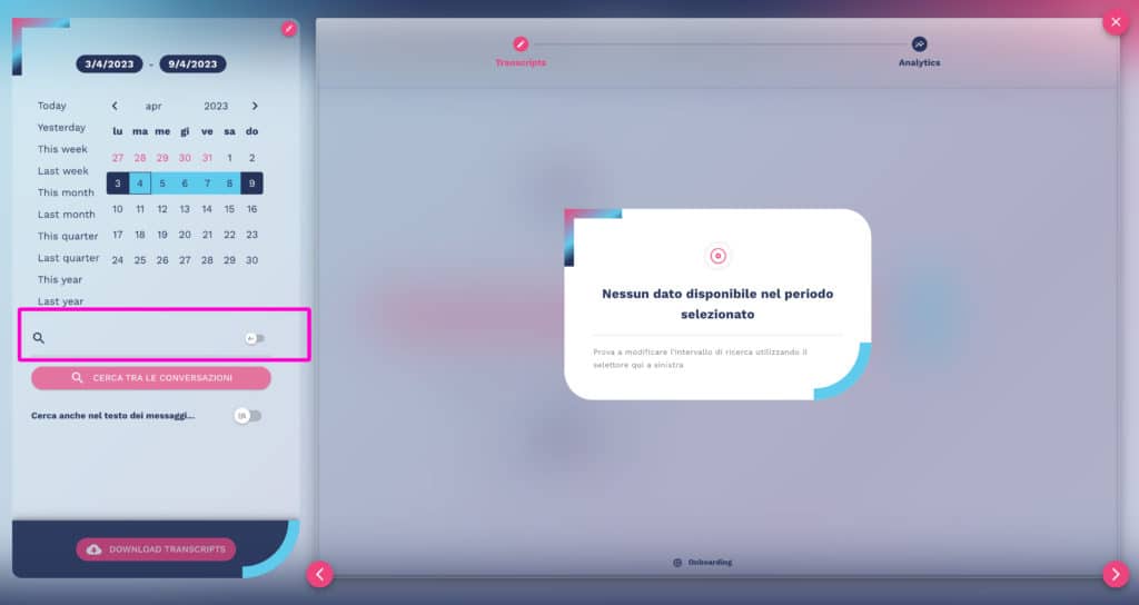 campo di ricerca dei messaggi chatbot