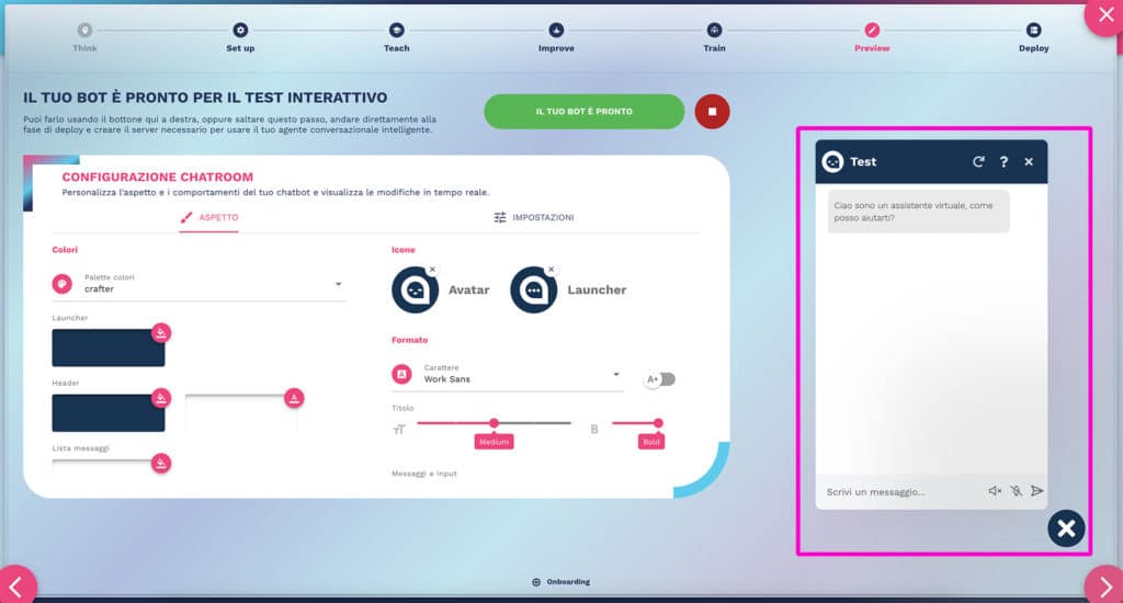 la chatroom di test nella fase di preview del bot