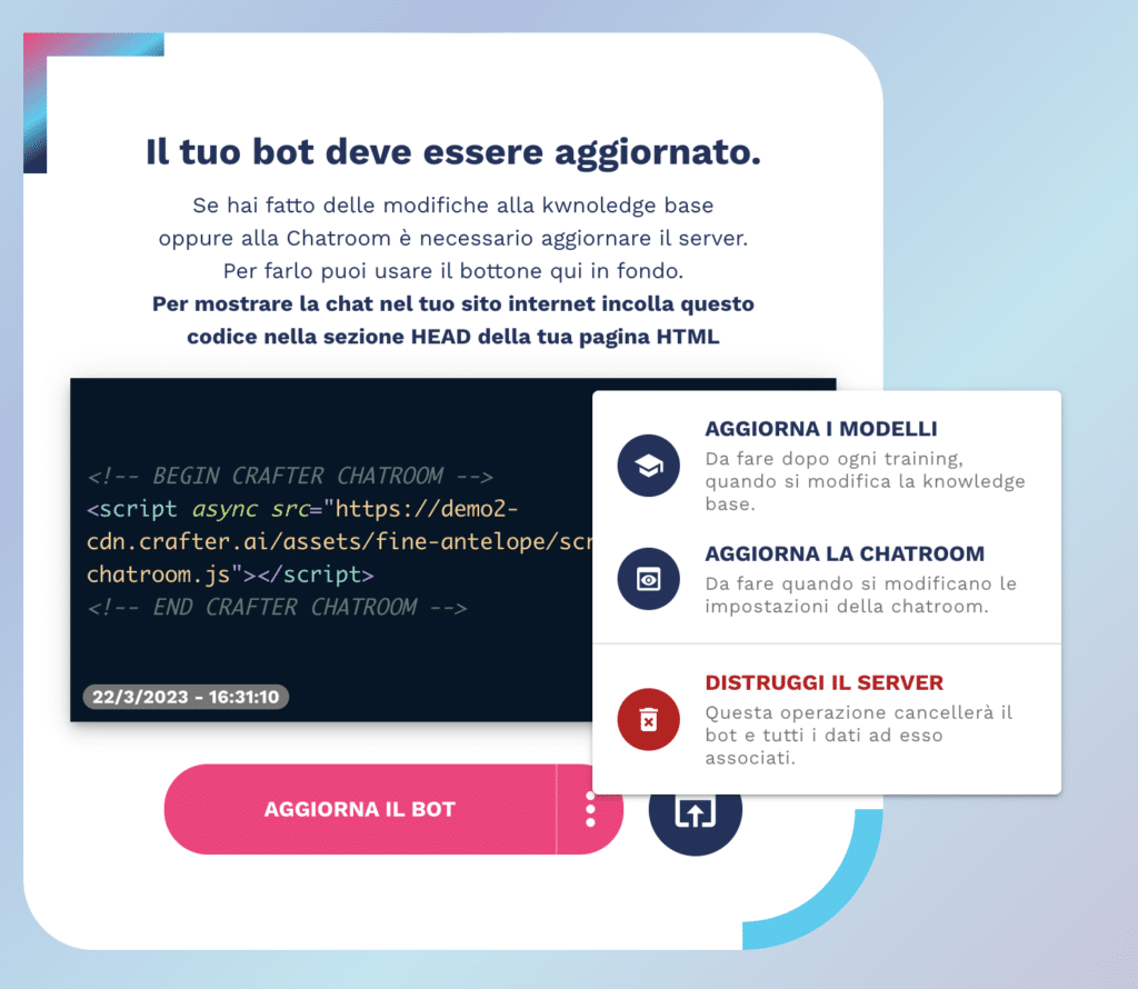 come aggiornare il chatbot in produzione con le modifiche svolte durante il wizard della piattaforma crafterai