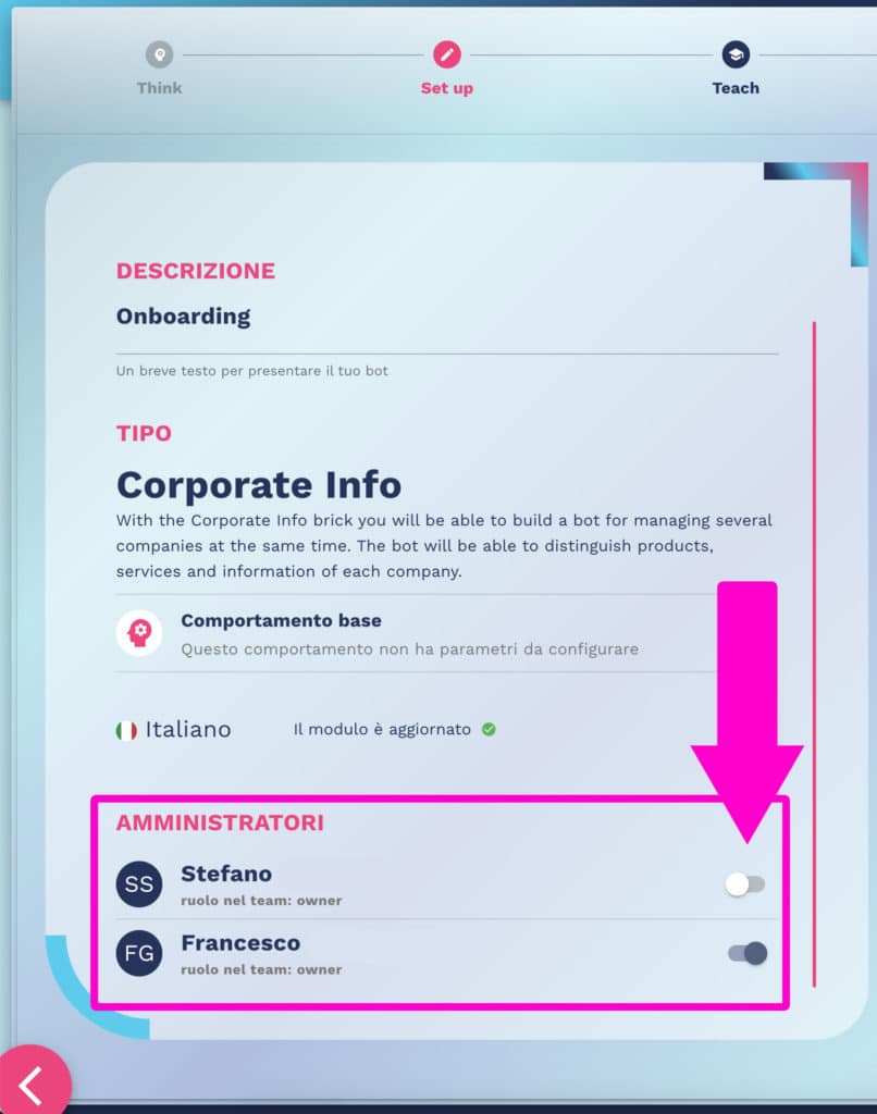 come assegnare ad un nuovo membro il ruolo di amministratore ad un chatbot