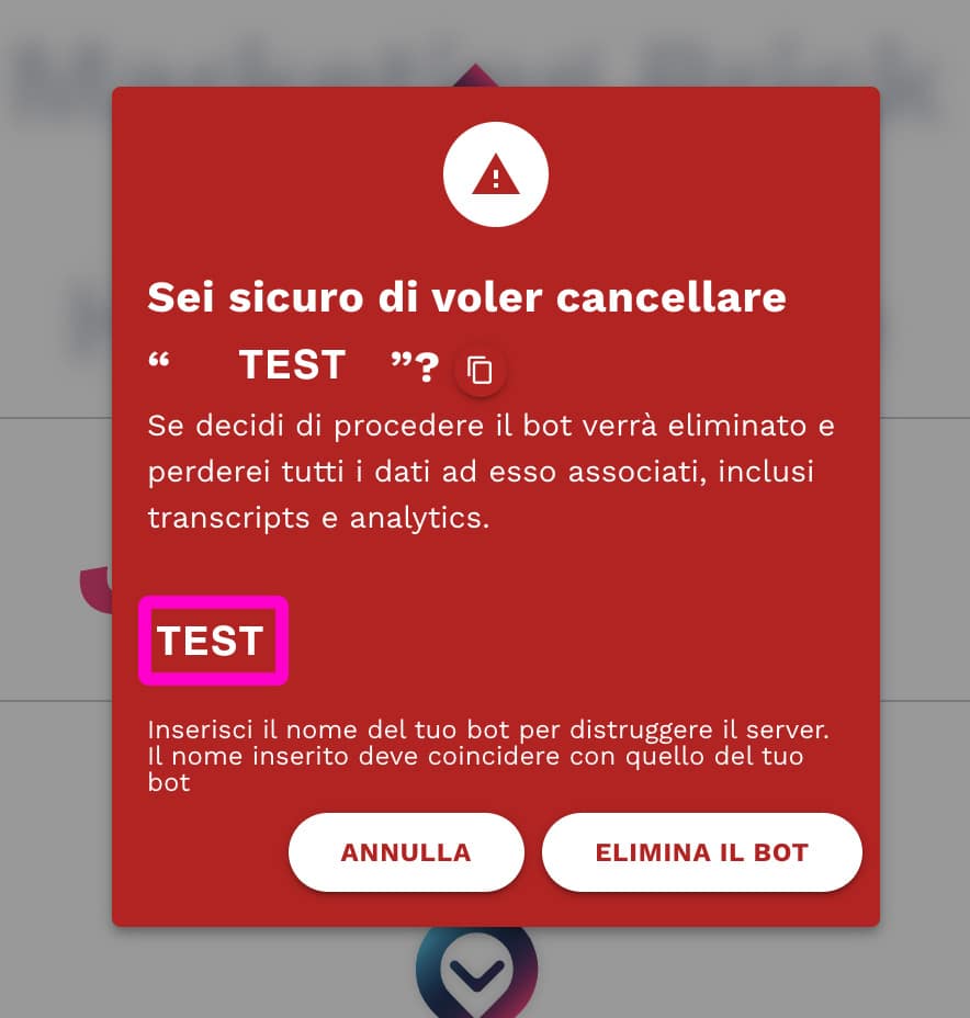 conferma cancellazione chatbot
