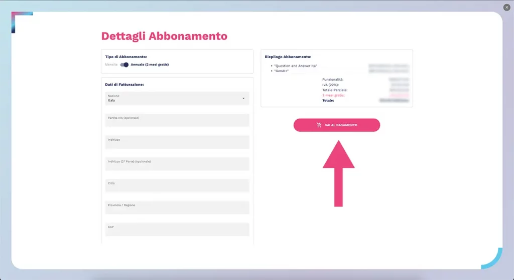 dati di fatturazione e riassunto ordine per procedere al pagamento del tuo agente AI dati di fatturazione e riassunto ordine per procedere al pagamento del tuo agente AI