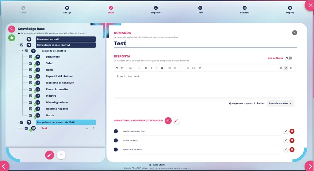 esempio di aggiunta manuale della knowledge base del chatbot