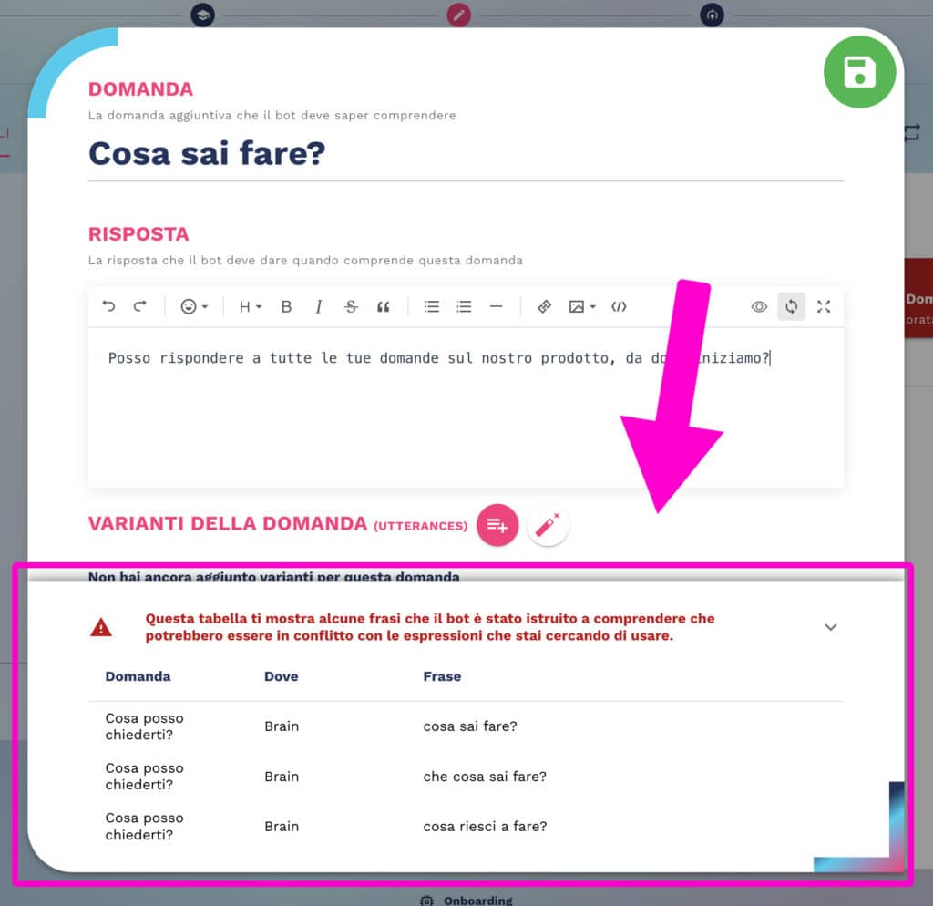 esempio domanda addizionale inserita nella knowledge base del chatbot con un conflitto segnalato