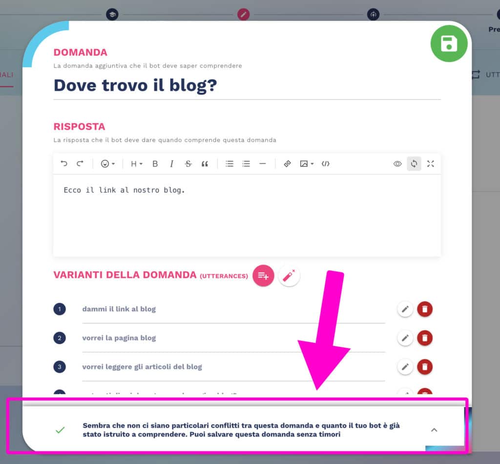 esempio domanda addizionale inserita nella knowledge base del chatbot con un conflitto segnalato