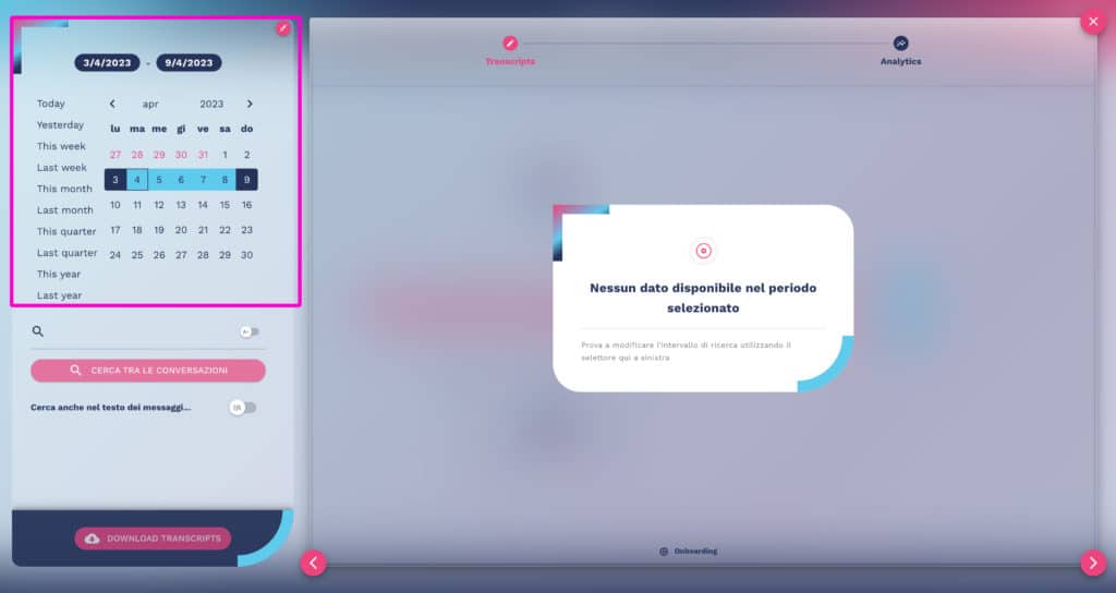 filtro temporale per la ricerca dei messaggi scambiati con il chatbot