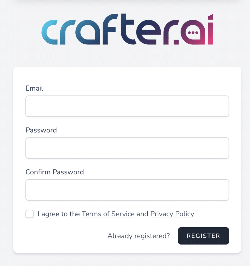 form di registrazione alla piattaforma chatbot crafter.ai