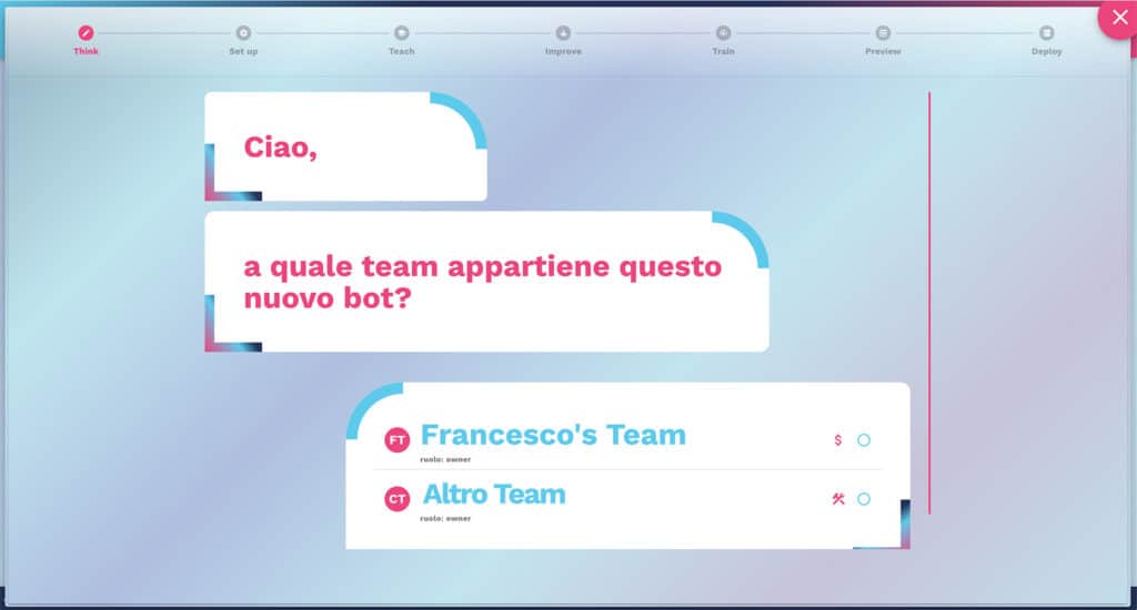inizare la configurazione del chatbot scegliendo il team di appartenenza
