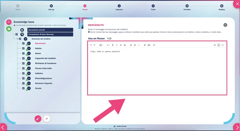 modificare le informazioni presenti nella knowledge base del chatbot precaricata