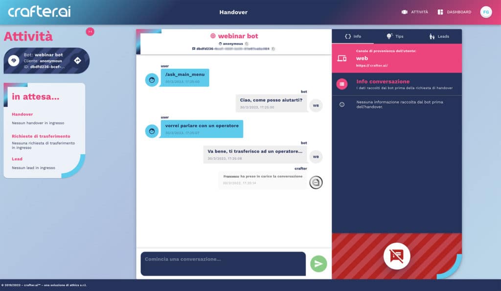 panoramica handover chatbot crafterai