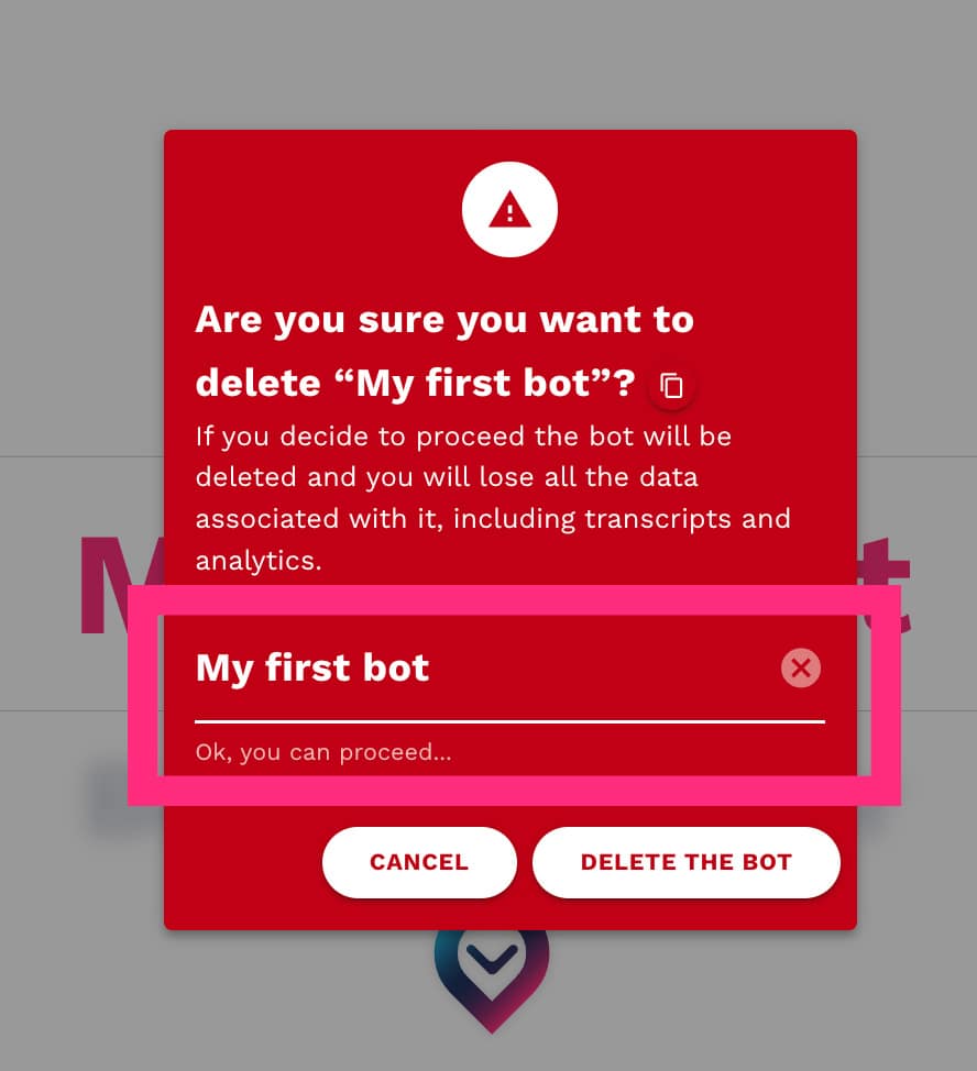 chatbot delete confirmation page