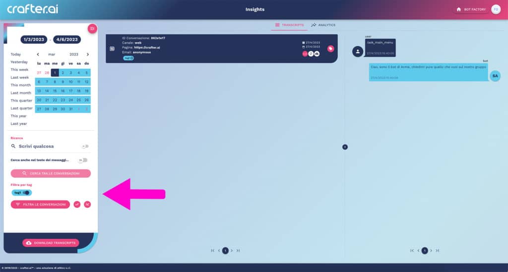 come ricercare le conversazioni del chatbot con i tag assegnati alle conversazioni