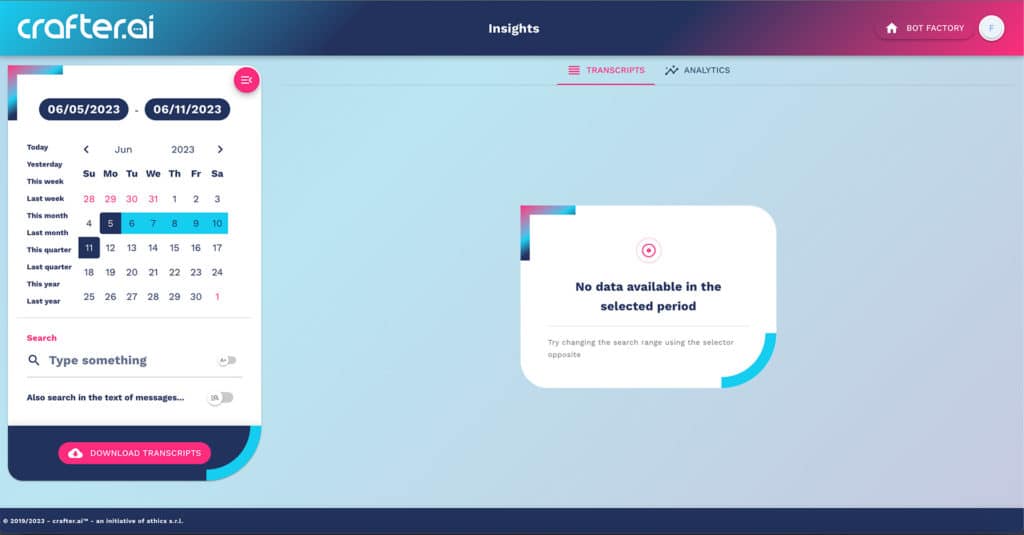 chatbot transcripts dashboard overview