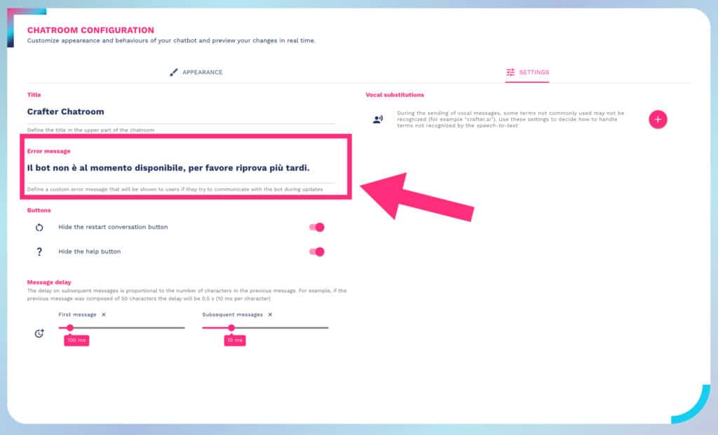 how to change chatroom error message