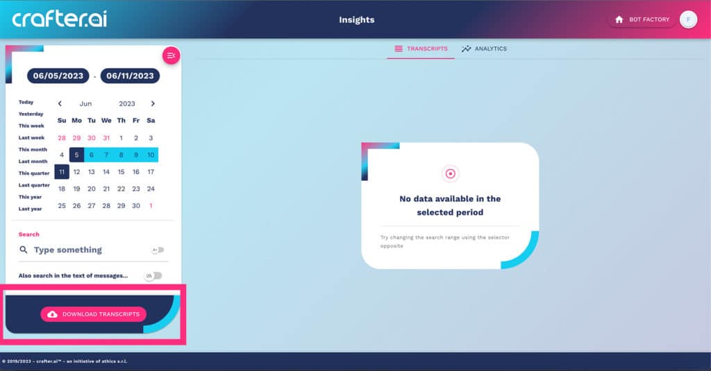how to download chatbot transcripts report